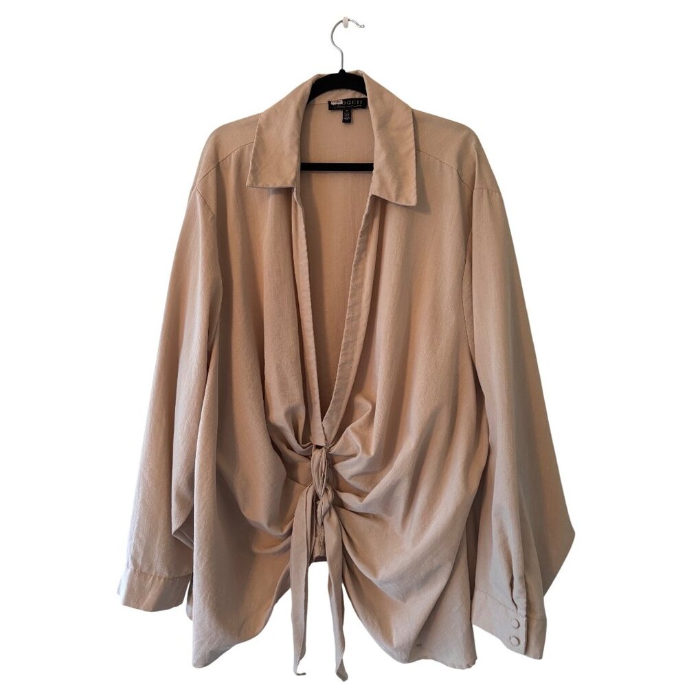 Eloquii Beige Tie-Front Blouse Size 32 Long-Sleeve Women Work, Career